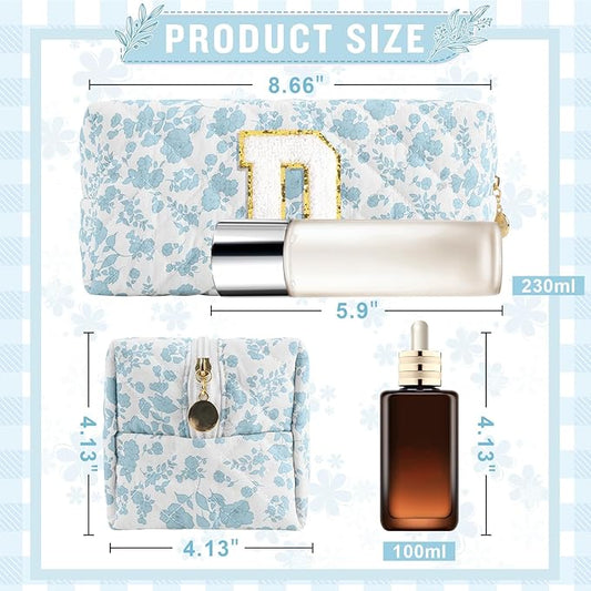 Personalized Quilted Cosmetic Bag, Puffy Monogrammed Christmas Birthday Gifts for Women & Girls, Cute initial Floral Makeup Bag Puffer Coquette Bag, Aesthetic Travel Toiletry Zipper Pouch(Blue,D)