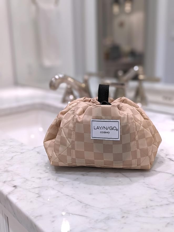 Lay-n-Go Cosmo Layflat Drawstring Cosmetic & Makeup Bag Organizer - Portable Drawstring Bag w/Zipper Pocket, Makeup Loops & More - Durable, Machine Washable Toiletry Bag for Travel (20", Checked)