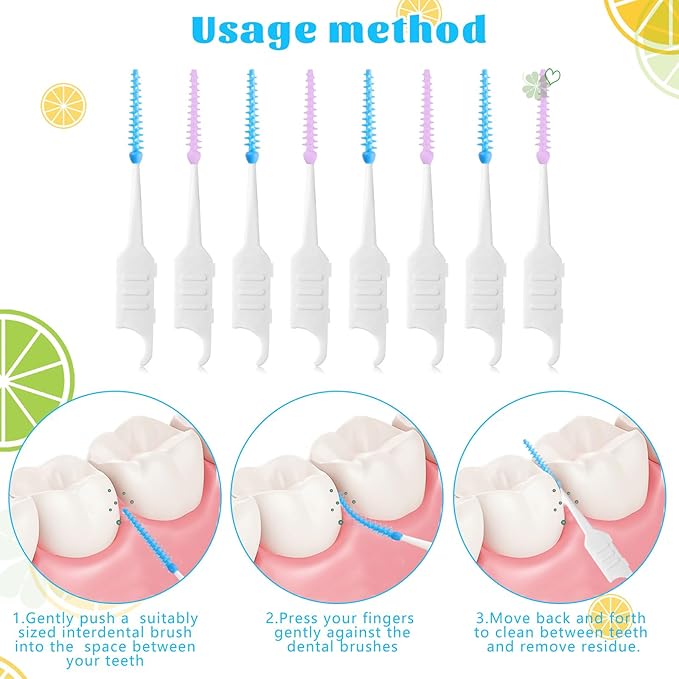 250 Pieces Interdental Brushes, Silicone Dental Floss Picks with Case Dental Brushes Dental Picks Tooth Floss Picks for Teeth Cleaning(Blue, Purple)