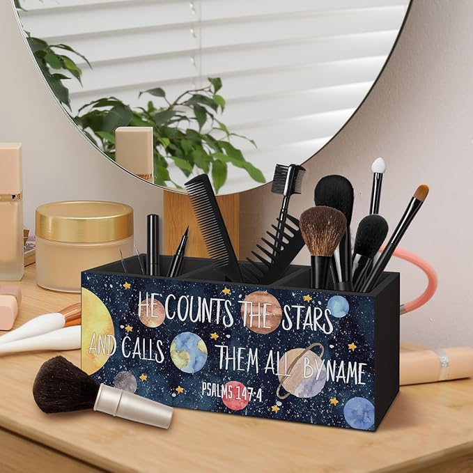 Space Christian Pen Pencil Holder for Desk, Space Nursery Decor, Navy Blue Solar System Bible Verse Decorative Sign for Toddler Nursery Kids Boys Room Desk Tabletop Decor