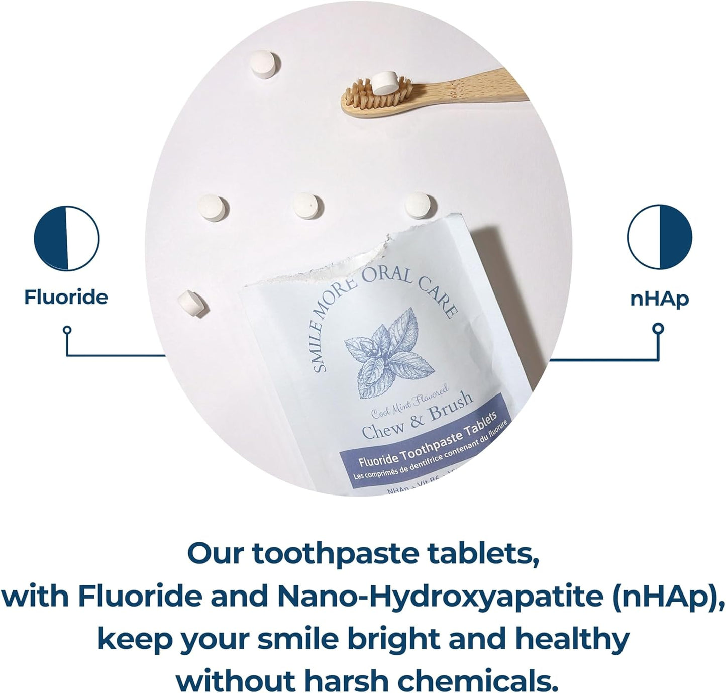 Smile More Toothpaste Tablets with Fluoride & nHAp - Vegan, Enamel Strengthening, Zero Waste, Paper Refill, 248 Tablets, Cool Mint, 4 Month Supply, Travel-Friendly