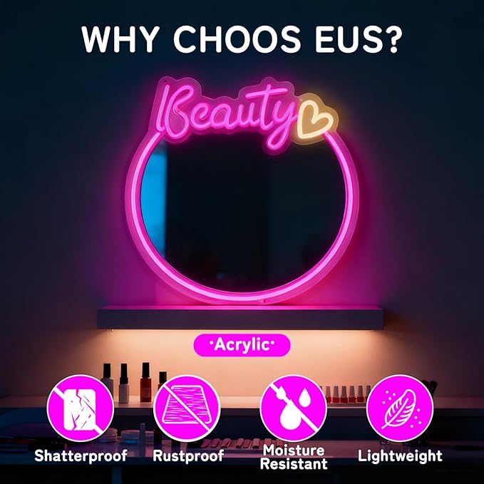 Pink Beauty Neon Sign Mirror, Dimmable Acrylic Circle Wall Decor with USB Power, Shatterproof Vanity Mirror for Girls Teens Room, Christmas Birthday Gift