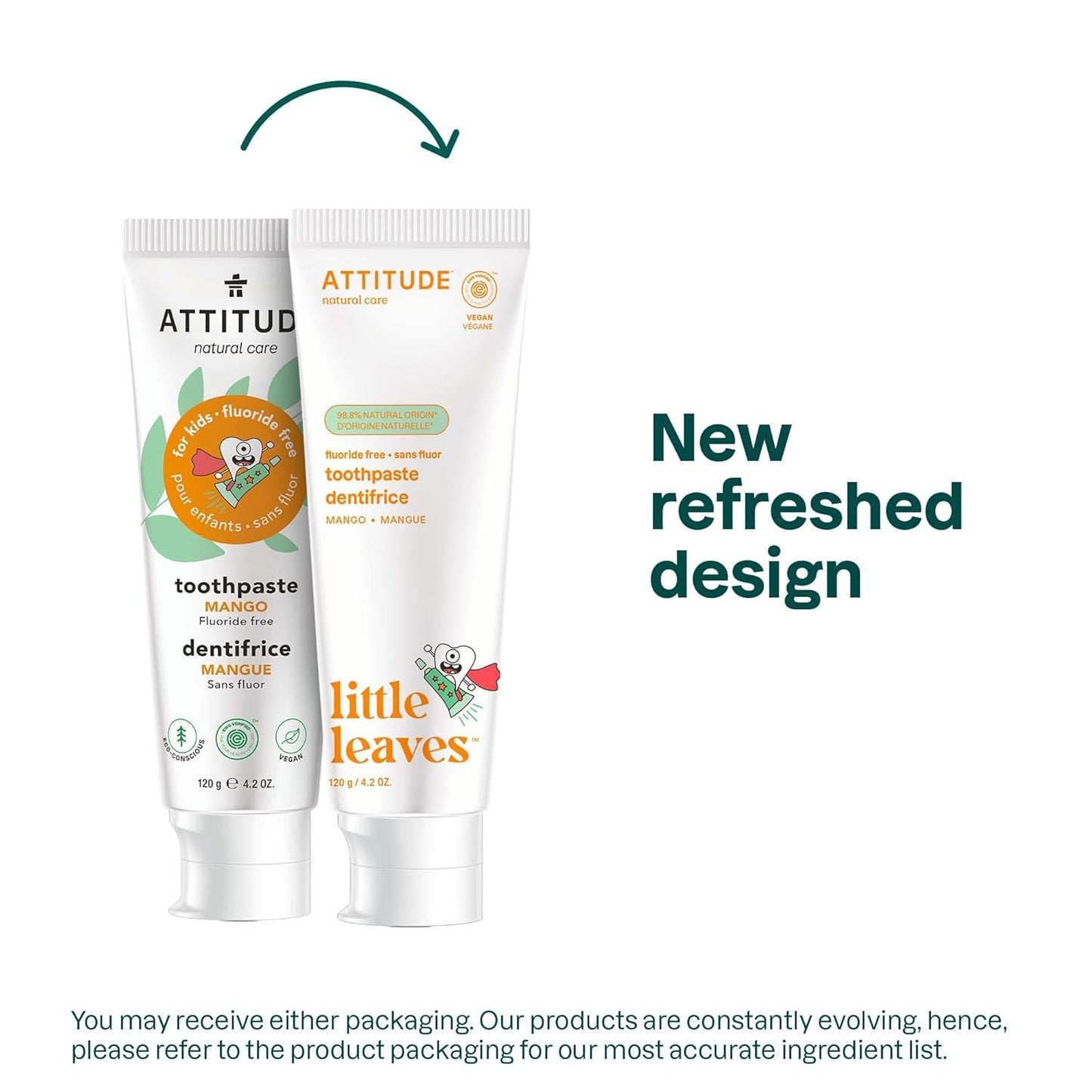 ATTITUDE Fluoride-Free Toothpaste, Plant- and Mineral-Based Ingredients, Vegan, Cruelty-Free and Sugar-Free, Mango 4.2 Oz