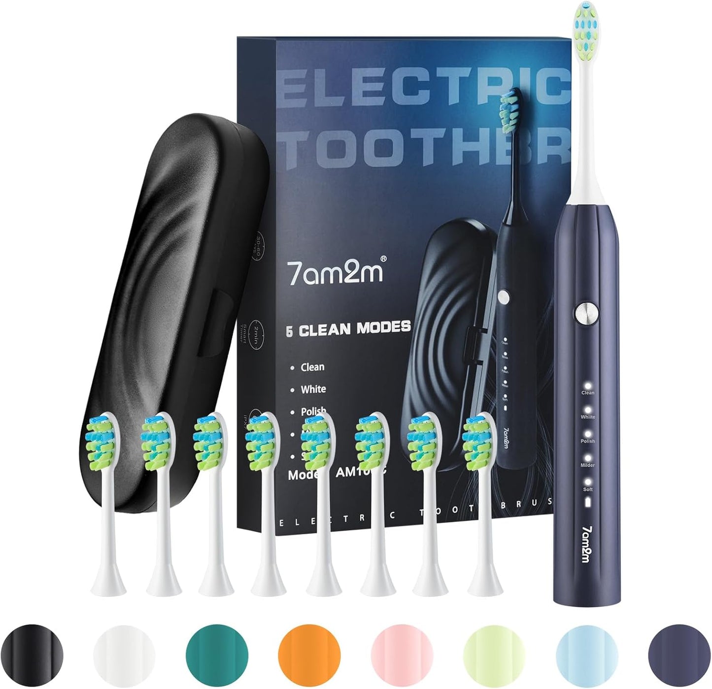 7AM2M Sonic Electric Toothbrush for Adults and Kids, with 8 Brush Heads and Travel Case,5 Modes with 2 Minutes Build in Smart Timer, One Charge Use for 90 Days, Rechargeable Toothbrushes(Navy Blue)
