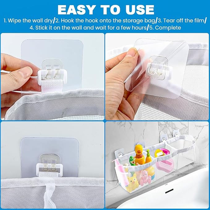JIANWEI Bath Toy Organizer, 3 Compartment Bathtub Toy Storage Bag, Quick Access Bath Toy Holder with 4 Hooks, Mesh Shower Caddy Practical Supplies for Toy Organizer and Sorting(White)