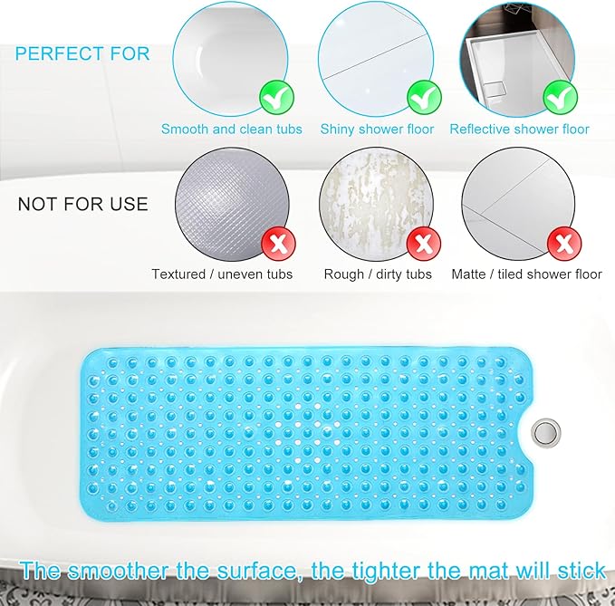 Upgrade Baby Bath Mat Non Slip Extra Long Bathtub Mat for Kids 40 X 16 Inch - Eco Friendly Bath Tub Mat with 200 Big Suction Cups,Machine Washable Shower Mat,Blue