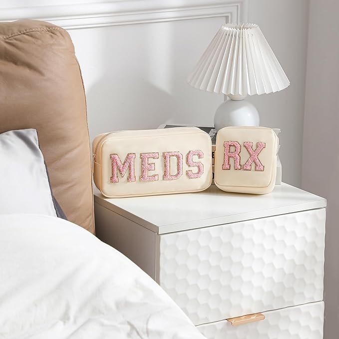 2pcs Personalized Chenille Letter Patch MEDS and RX Bags Set,Cute Nylon Drug Medicine Travel Makeup Bag with Zipper, Preppy Vitamin Organizer Bag for Women and Girls (RX+MEDS Beige)