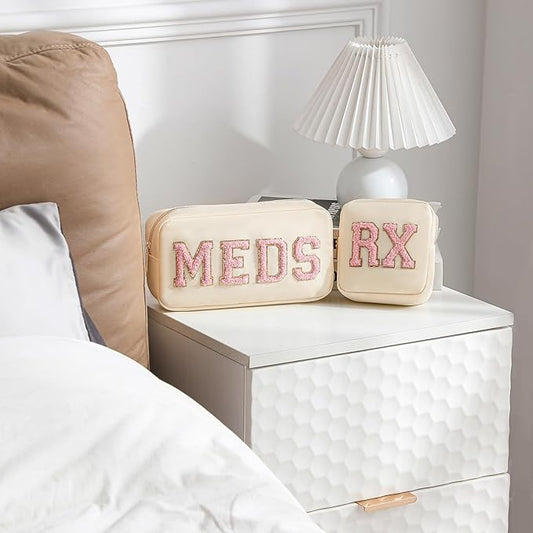 2pcs Personalized Chenille Letter Patch MEDS and RX Bags Set,Cute Nylon Drug Medicine Travel Makeup Bag with Zipper, Preppy Vitamin Organizer Bag for Women and Girls (RX+MEDS Beige)
