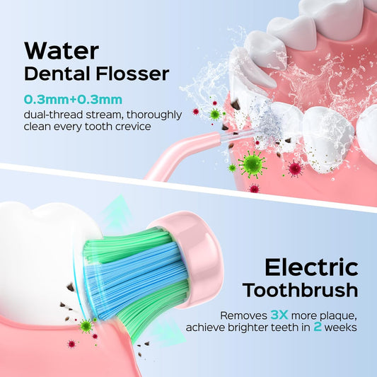 COSLUS Portable Water Flosser with Electric Toothbrush Combo: 2-in-1 Oral Clean Kit for Teeth, Braces, Gums Care - Brushing & Flossing for Adults, Family, Travel Use, BPA-Free, Black, C20 & C41