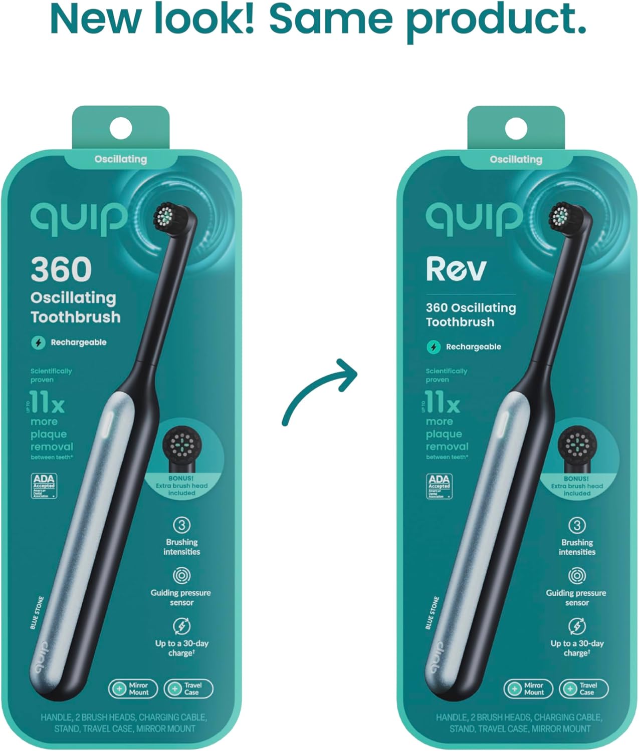 Quip Rev 360 Oscillating Rechargeable Electric Toothbrush with Extra Brush Head - Soft Bristles, Pressure Sensor, 3 Intensities, 30-Day Battery, 2-Min Timer, Travel Case, Mirror Mount - Blue Stone