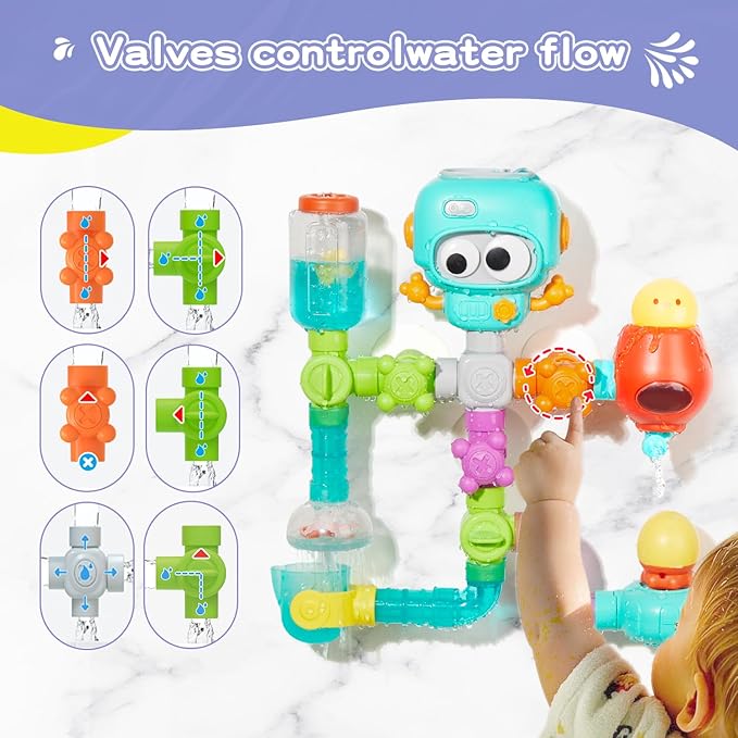 STEM Building Bath Toys for Kids Ages 3-8 | DIY Water Pipe Assembly Kit with Suction Cups | Educational Bathtub Toys for Toddlers 3+ | Creative Tub Time Birthday Gifts for Boys & Girls