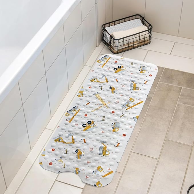 LNOND Bath Mat for Tub for Kids, Boy Toddler Bathtub mat Non Slip, Yellow Excavator Kids Bath Mats for Bathroom Non Slip with Drain Holes and Suction Cups,Machine Washable (40 X 16 Inch)