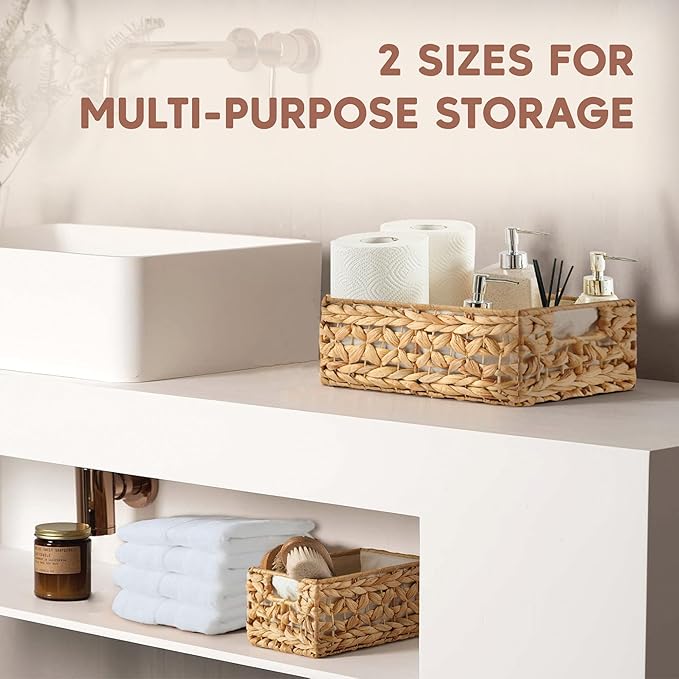 Greenatural Water Hyacinth Storage Baskets Set of 2, Handwoven Rectangular Organizer Trays with Liners, Rattan Wicker Bins with Handles, Storage Organizers for Shelf, Bathroom, Kitchen, Office