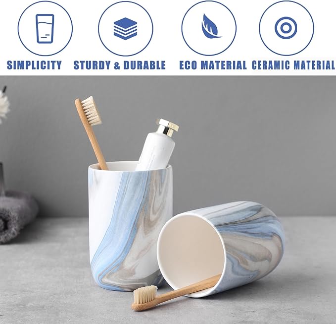 Blue Marble Toothbrush Holders - Ceramic Toothbrush Holders for Bathrooms, Toothbrush Toothpaste Holders, Marble Bathroom Tumbler Cups Reusable Toothbrush Mouthwash Cup, Bathroom Counter Organizer
