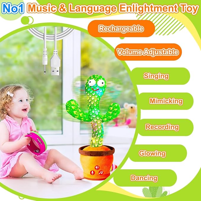 Rechargeable Dancing Talking Cactus Toy for Baby, Volume Adjustable, Singing, Mimicking, Repeating, Kids Baby Toys for Girls Boys, Birthday or Chirstmas Gifts for Grandkids, Stocking Stuffers for Kids