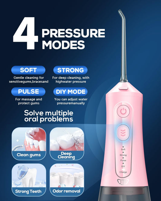 JTF Water Dental Flosser Picks for Teeth - 4 Modes Cordless Oral Irrigator, 300ML Portable Water Flosser & Rechargeable IPX7 Waterproof Water Teeth Cleaner for Home Travel with 9 Jet Tips (Pink)