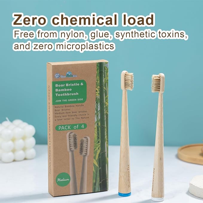 4 Pack Boar Bristles & Bamboo Toothbrush, Premium Natural Boar Bristle Toothbrushes for Adult, Plastic & Nylon Free, Fully Biodegradable Compostable Bamboo Tooth Brushes