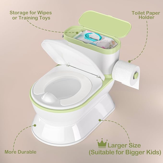 2-in-1 Toddler Potty Training Toilet - Larger Potty Chair & Detachable Training Seat for Boys & Girls Ages 1-3 with Flushing Sound, Wipes Storage, Toilet Paper Holder - Green