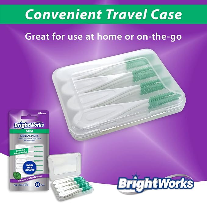 BrightWorks Mint Dental Picks, with Extra Soft Rubber Bristles and Flexible Tip, Clean Gently and Effectively Between Teeth, Travel Case Included, 3 Packs (64 Per Pack) [192 Total Picks]