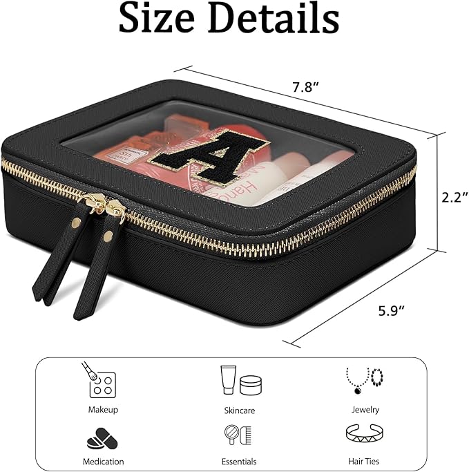 Initial Travel Toiletry Bag - Cosmetic Bags for Girls with Zipper, Clear & Potable Makeup Bag for Travel, Cosmetic Pouch Perfect Gifts for Graduation (Black, A)