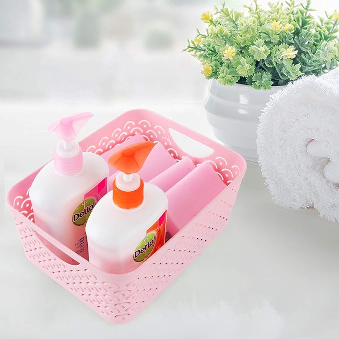 STARVAST 5 Pack Plastic Storage Baskets, Portable Pink Fish Scale Pattern Hollow Desktop Storage Bin Box with Handle for Kitchen, Bathroom, Kids Room or Nursery Storage – 9.4 x 7.1 x 4.1 inches