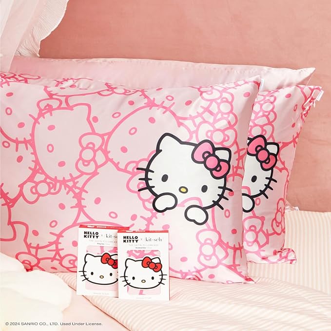 Kitsch x Hello Kitty (Pink Kitty Faces) - Satin Pillowcase with Zipper for Hair and Skin, Softer Than Silk, Smooth Cooling Pillow Covers, Machine Washable, King Size (19x36)
