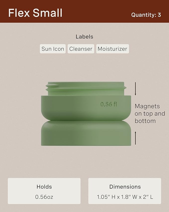 Cadence Travel Containers Basic Skincare Set - Magnetic Containers with Lids,Carry On Travel Essentials For Women/Men - 3 Small Capsules (0.56oz) - Cleanser, Moisturizer & Sun-Icon Labels - Sand