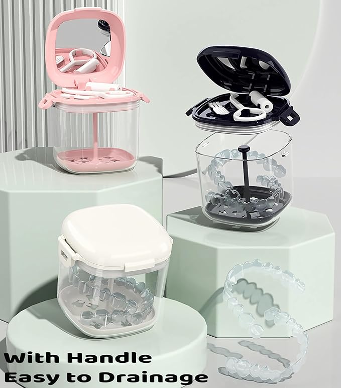 MURRI&MURRDI Retainer Case, Denture Bath Box with Strainer Basket, Mouth Guard Case, Braces Cleaner Cup, Cute Denture Holder Storage Soak Container for Travel Cleaning (A Pink)