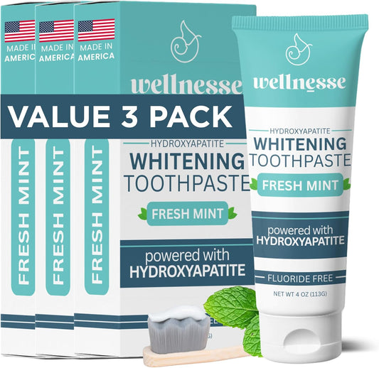 Wellnesse Whitening Hydroxyapatite Toothpaste with Xylitol, Natural Fluoride-Free Teeth Whitening Toothpaste for Adults, Strengthens Enamel, Supports Gum Health, Fresh Mint Flavor, 4 oz (Pack of 3)