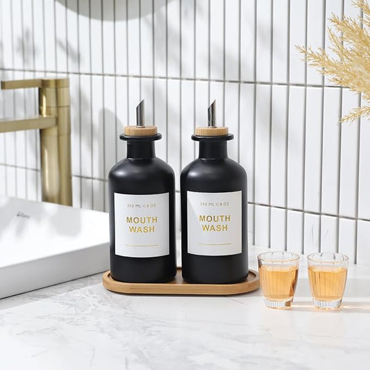 11.8OZ Glass Mouthwash Dispenser for Bathroom with Stainless Steel & Bamboo Nozzle, Mouthwash Cup Reusable, Bamboo Tray, and Elegant Gold Sticker.Set of 2（Black