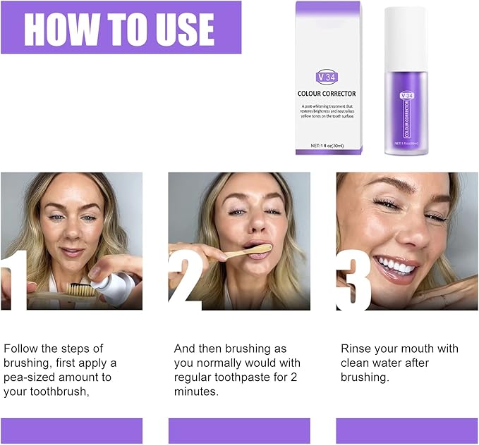 Purple Toothpaste for Teeth Whitening 2pcs Teeth Refresher Purple Color Corrector Booster Toothpaste 3D Teeth Whitening Kit for Tooth Stain Removal Enhances Tooth Brightness