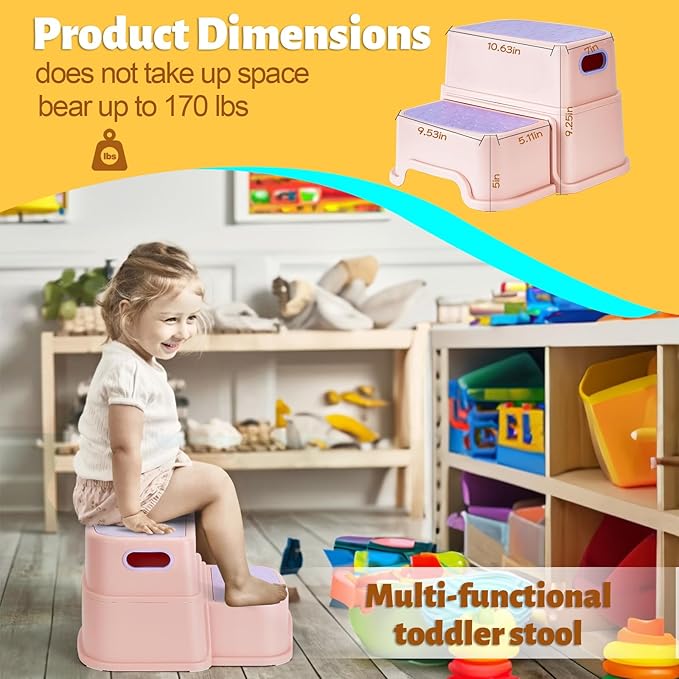 WELSPO 2 Step Stool for Kids, Toddler Step Stool for Bathroom, Kitchen, Bedroom, Living Room, Non-Slip Toddlers Toilet Potty Stool with Handles Baby Child Kid Plastic Poop Stools(Pink)
