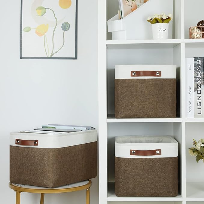 HNZIGE Fabric Storage Baskets (3 Pack) - Decorative Foldable Shelf Baskets with Leather Handles for Organizing Clothes (Brown & White, 15" x 11" x 9.5")