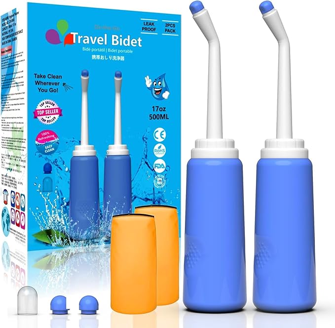 2 Pack Portable Bidet Sprayer Peri Bottle, Number-one Travel Bidet Bottle 500ml 17oz Personal Hygiene Care Toilet Bidet Shower with 2 Nozzles, Dust Cap and Storage Bag for PostPartum Care and Recovery