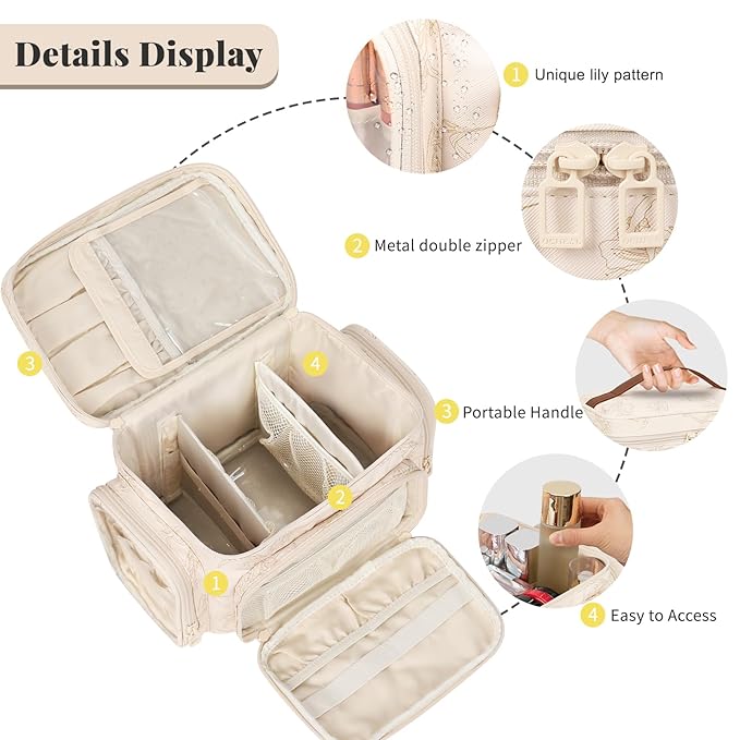 Large Makeup Bag, Portable Travel Makeup Bag Organizer for Women Girls with Makeup Brush Compartment & Two Side Pockets, Cosmetic Travel Bag Vertical Storage Toiletry - Beige