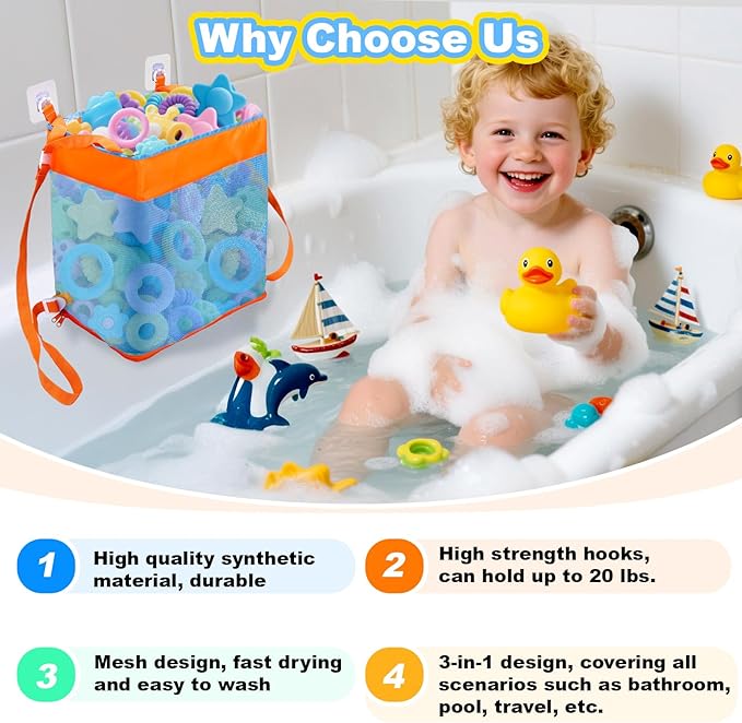 3-in-1 Bath Toy Storage Bag,Large Capacity Mesh Bath Toy Net Holder for Bathtub Shower Bathroom Pool Outdoor,Kids Bath Decor Accessories Tub Toy Organizer Basket
