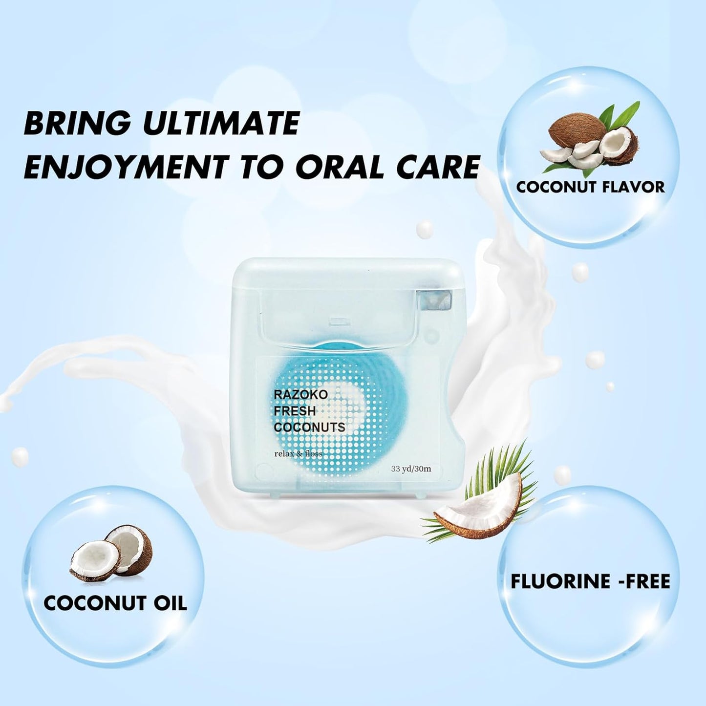 RAZOKO Coconut Oil Infused Woven Dental Floss, Vegan and Cruelty-Free, Coconut Scent, 4 Month Supply (33 Yds x 2 Units)