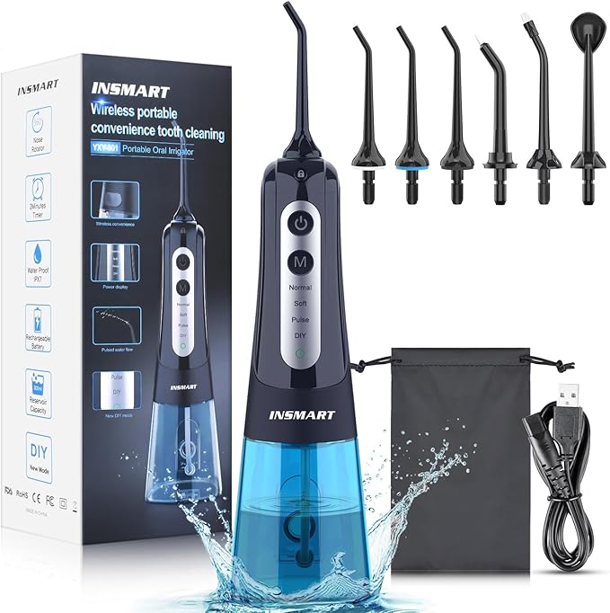 Cordless Water Dental Flosser Teeth Cleaner, INSMART Professional 300ML Tank DIY Mode USB Rechargeable Dental Oral Irrigator for Home and Travel, IPX7 Waterproof 4 Modes Irrigate for Oral Care Blue