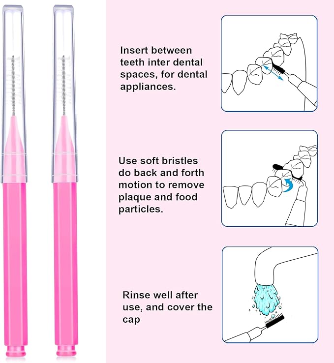 Patelai 100 Pieces Braces Brush for Cleaner Interdental Brush Toothpick Dental Tooth Flossing Head Oral Dental Hygiene Flosser Toothpick Cleaners Tooth Cleaning Tool(Pink,Portable Size)