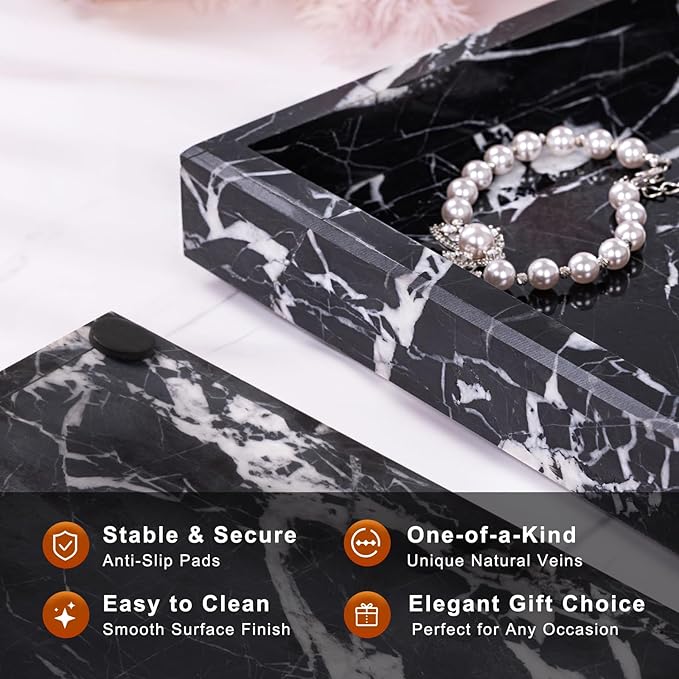 Marble Bathroom Tray for Countertop & Home Decor, Natural Decorative Marble Tray for Jewelry & Perfume Organizer, Luxury Stone Vanity Trays for Dresser, Kitchen Counter, 12" x 8", Black