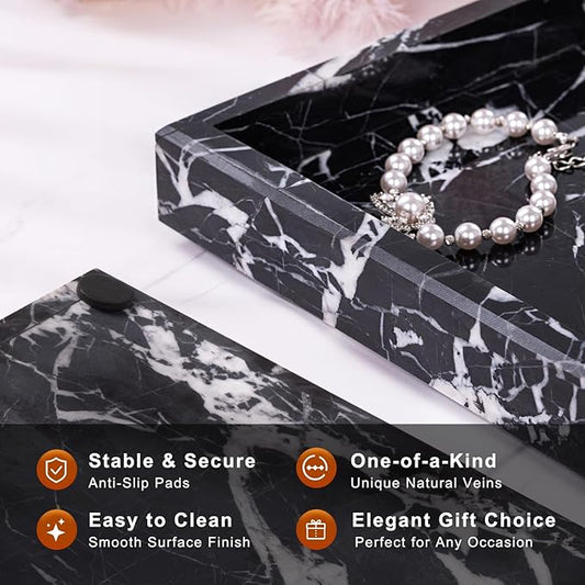 Marble Bathroom Tray for Countertop & Home Decor, Natural Decorative Marble Tray for Jewelry & Perfume Organizer, Luxury Stone Vanity Trays for Dresser, Kitchen Counter, 12" x 8", Black