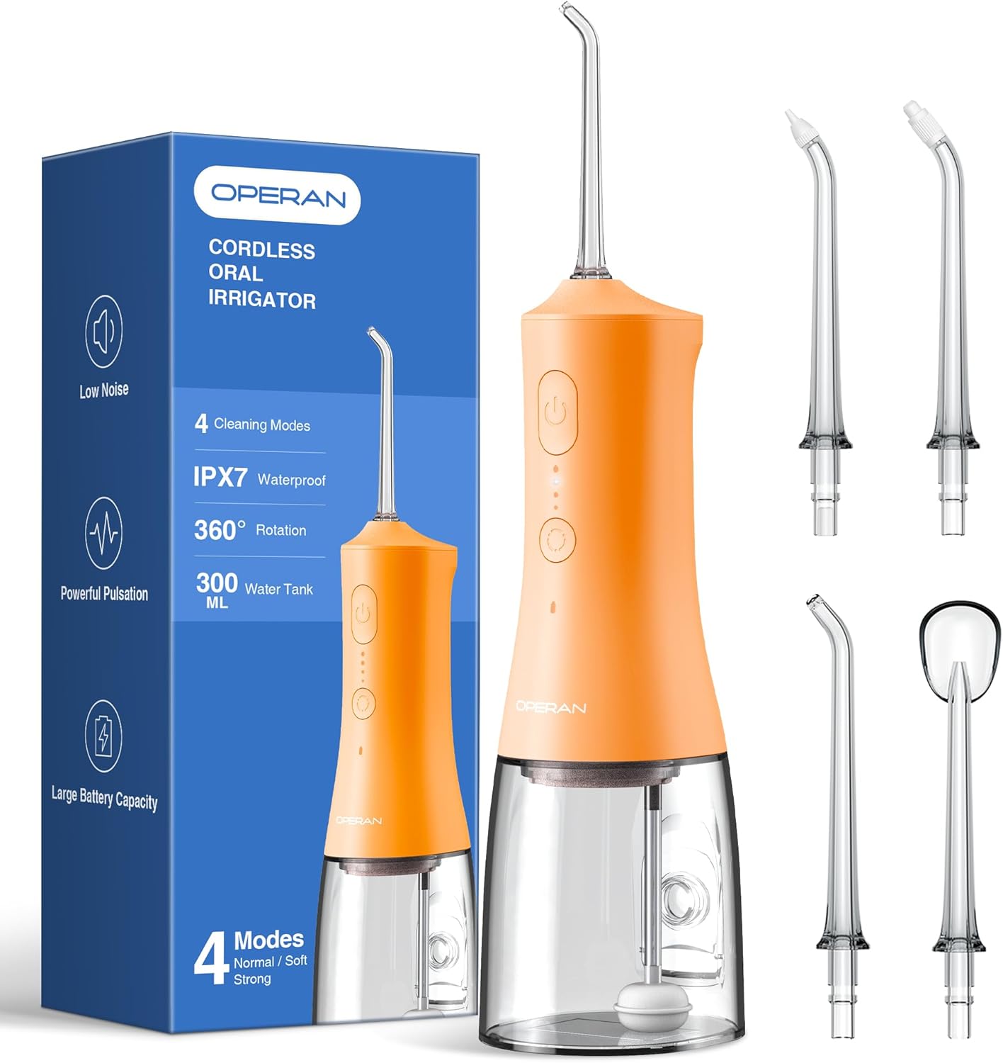Operan Water Flossers for Teeth Cleaning, Upgraded 300ml Cordless Water Dental Flossers Portable Rechargeable Oral Irrigator with 4 Modes 4 Jet Tips IPX7 Waterproof for Home Travel, Orange