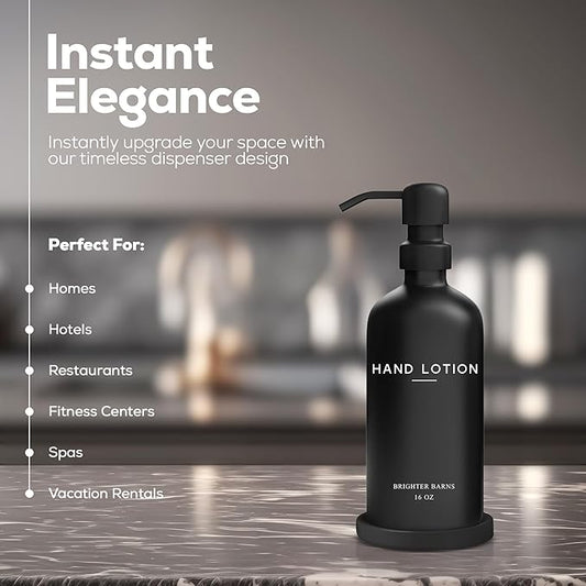 Black Glass Lotion Dispenser with Pump by Brighter Barns - Hand Lotion Dispenser Bathroom Set & Tray - Modern Bathroom Decor in Airbnb, Apartment Rental Properties, Guest House, Hotel Lobby (Black)