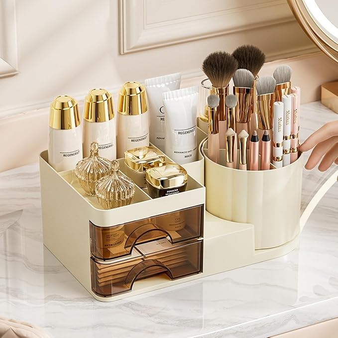 Makeup Organizer for Vanity with 2 Drawers,Countertop Rotating Makeup Brush Holder,Bathroom Organizer Holder,Cosmetic Display Case for Lipstick,Beauty,Skincare Organizer (Cream)
