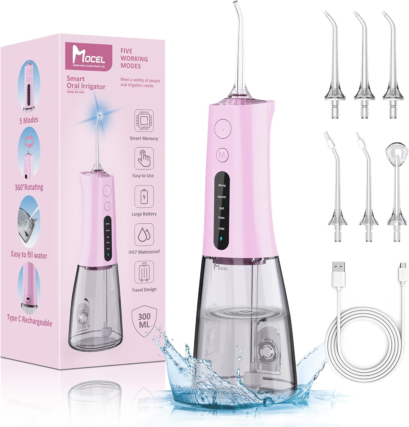 Water Dental Flosser OLED Display Cordless Teeth Cleaning MOCEL 5 Modes Oral Irrigator 300ML Portable and USB C Rechargeable IPX7 Waterproof Floss Teeth Pick (Pink)