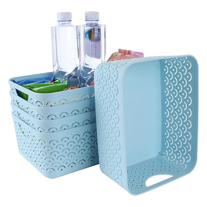 STARVAST 5 Pack Plastic Storage Baskets, Portable Blue Fish Scale Pattern Hollow Desktop Storage Bin Box with Handle for Kitchen, Bathroom, Kids Room or Nursery Storage – 9.4 x 7.1 x 4.1 inches
