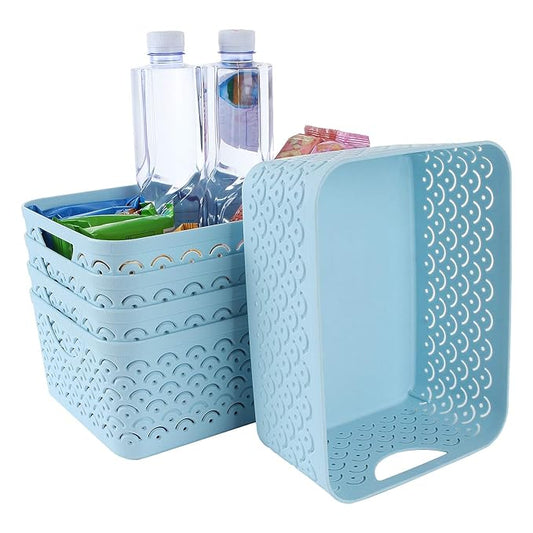 STARVAST 5 Pack Plastic Storage Baskets, Portable Blue Fish Scale Pattern Hollow Desktop Storage Bin Box with Handle for Kitchen, Bathroom, Kids Room or Nursery Storage – 9.4 x 7.1 x 4.1 inches