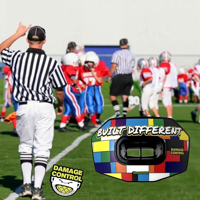 DAMAGE CONTROL Youth Football Mouth Guard – Breathable No Boil Mouthpiece, Protects Lips & Teeth, Works with Braces, Includes Helmet Strap – Sports Gear & Accessories (Built Different)