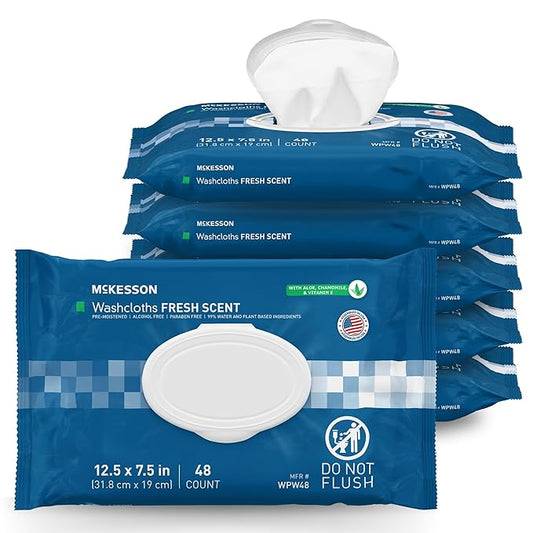McKesson Washcloth Wipes for Adults, Scented (6 Pack, 288 Washcloths) Disposable Wash Cloths for Body - No-Rinse Formula with Snap Lid - Good for Incontinence and Elderly - 48 Wipes Per Pack
