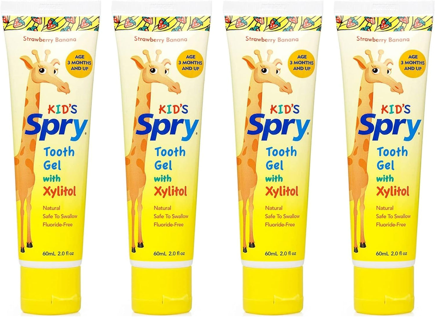 Spry Natural Xylitol Toothpaste for Baby, Toddler and Kids Age 3 Months and Up - Fluoride Free Tooth Gel, Tasty, Support Development of Emerging Teeth, Strawberry Banana 2 Fl Oz (Pack of 4)
